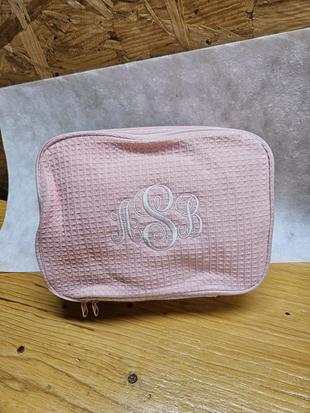 Personalized Pink Waffle Cosmetic Bag with Monogram